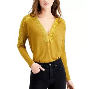 Free People Lola Lace Trim V-neck Long Sleeve Oversized Tee Size XS
